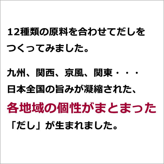 12種類の原料を合わせてだしをつくってみました。九州、関西、京風、関東、日本全国の旨みが凝縮された各地域の個性がまとまった「だし」が生まれました。