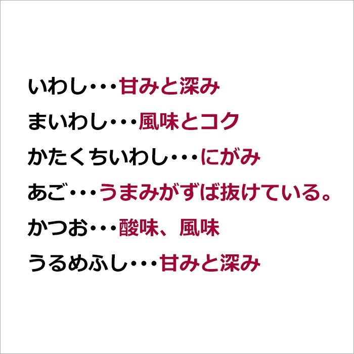 いわし…甘みと深み、まいわし…風味とコク、かたくちいわし…にがみ、