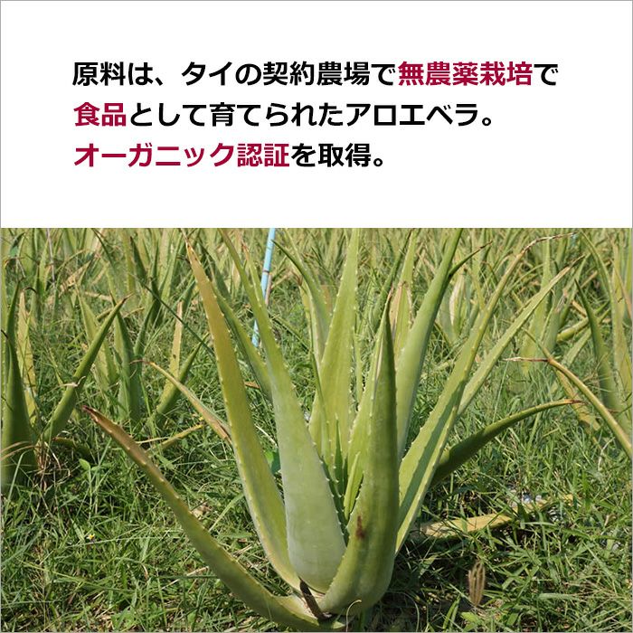 原料は、タイの契約農場で無農薬栽培で食品として育てられたアロエベラ。 オーガニック認証を取得。